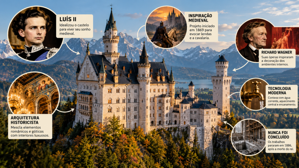 Erguido no século XIII, o Castelo de Neuschwanstein atravessou guerras, mudanças políticas e o crescimento do turismo, recebeu trabalhos de conservação e continua nos Alpes da Baviera como um dos castelos mais conhecidos da Alemanha, com torres imponentes e uma arquitetura que combina referências medievais e elementos românticos