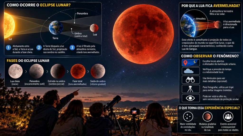 Um eclipse lunar está prestes a transformar a aparência da Lua: o satélite poderá ganhar tons avermelhados durante um fenômeno natural que pode ser observado sem equipamentos especiais
