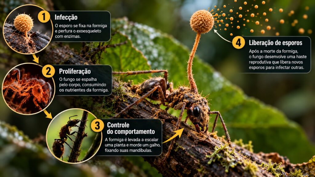 O fungo que transforma formigas em hospedeiras e altera seu comportamento antes de liberar estruturas reprodutivas