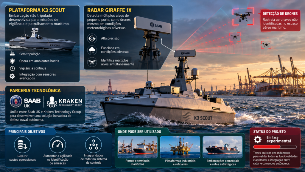 Novo navio autônomo promete reforçar a segurança nos mares com radar avançado capaz de detectar drones e ajudar a proteger portos, navios e instalações estratégicas contra ameaças aéreas