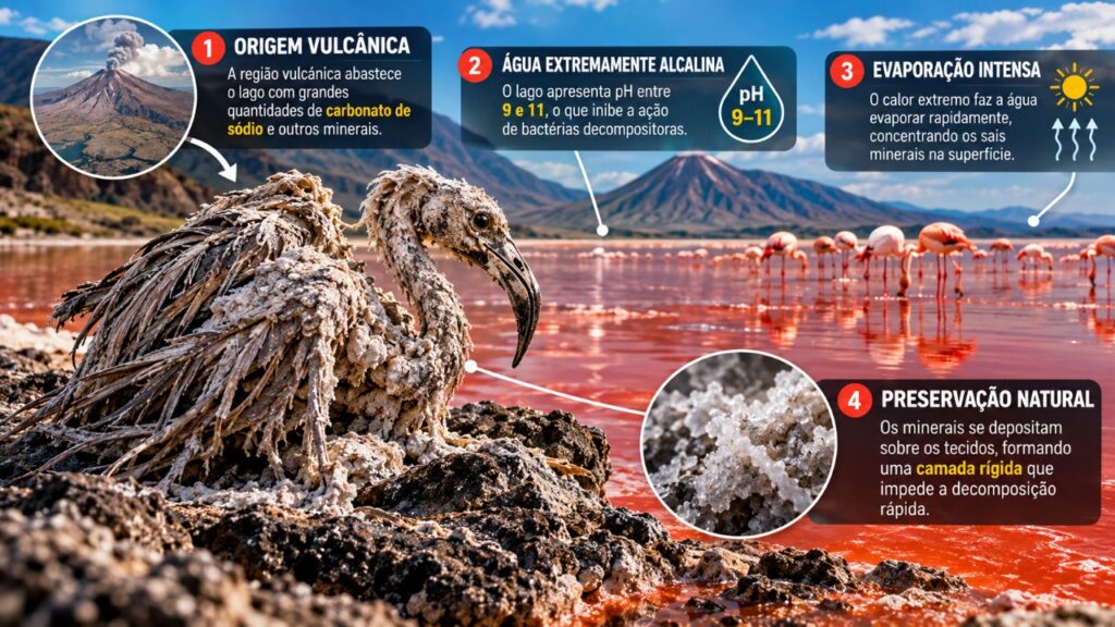 O lago que transforma animais mortos em estruturas endurecidas e como a composição química da água pode favorecer esse fenômeno natural 