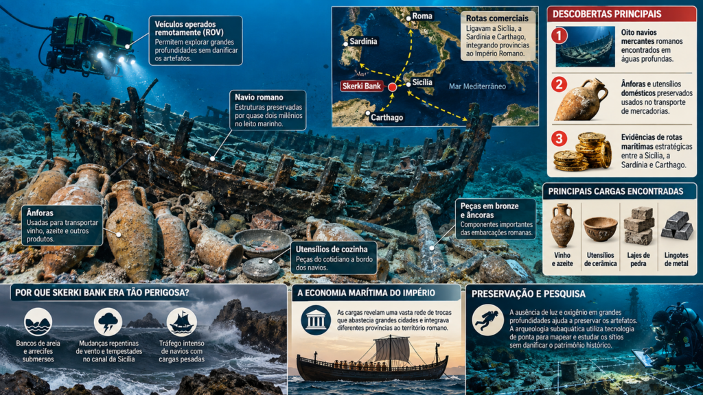 Oito navios mercantes da era romana são encontrados no fundo do mar do Mediterrâneo com ânforas, moedas e artefatos preservados por quase 2 mil anos