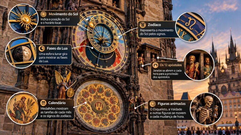 O relógio astronômico de Praga funciona desde a Idade Média e reúne mecanismos que mostram diferentes informações sobre o movimento dos astros