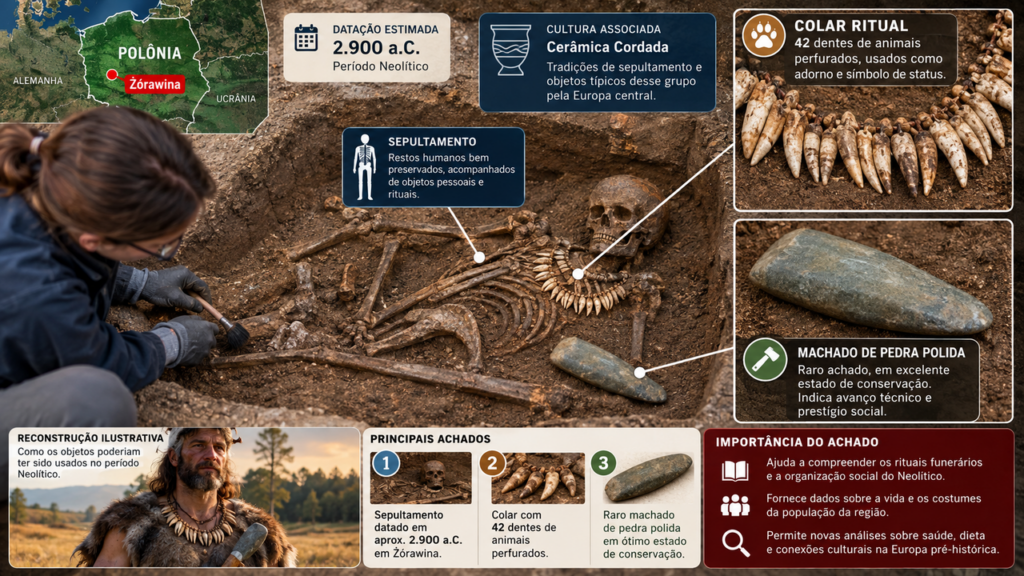 Arqueólogos abrem sepultamento de quase 5 mil anos e encontram um colar com 42 dentes de animais e um machado raro