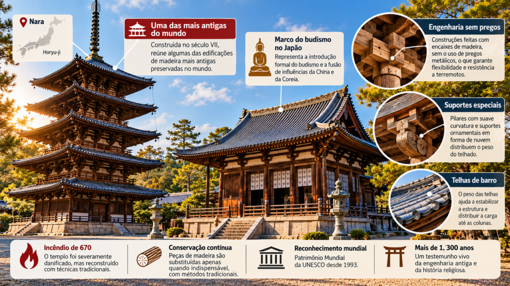 Construído há mais de 1.300 anos, o Templo de Horyu-ji atravessou séculos de história, enfrentou incêndios e os efeitos das mudanças climáticas, passou por trabalhos de preservação e continua no Japão como um dos complexos budistas de madeira mais antigos do mundo, com estruturas que revelam técnicas tradicionais de construção