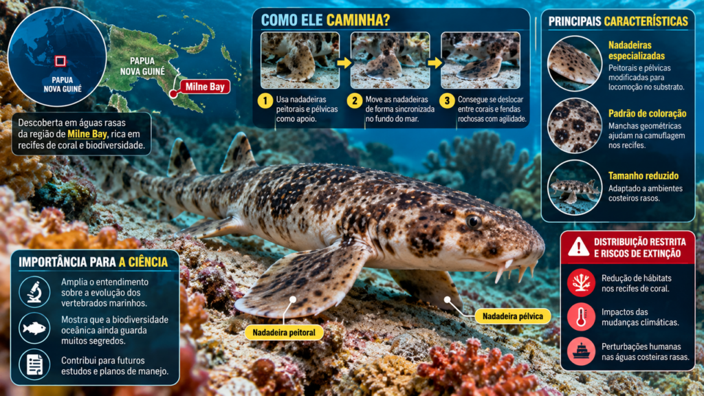Cientistas identificam novo tubarão que usa as próprias nadadeiras como pernas para caminhar pelo fundo do oceano e surpreende pesquisadores