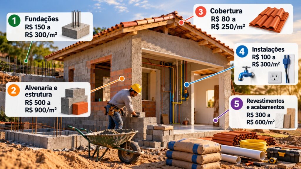 Quanto custa construir uma casa térrea compacta em 2026 em terreno próprio, com 2 quartos, sala integrada à cozinha e banheiro, incluindo materiais e mão de obra do início ao fim