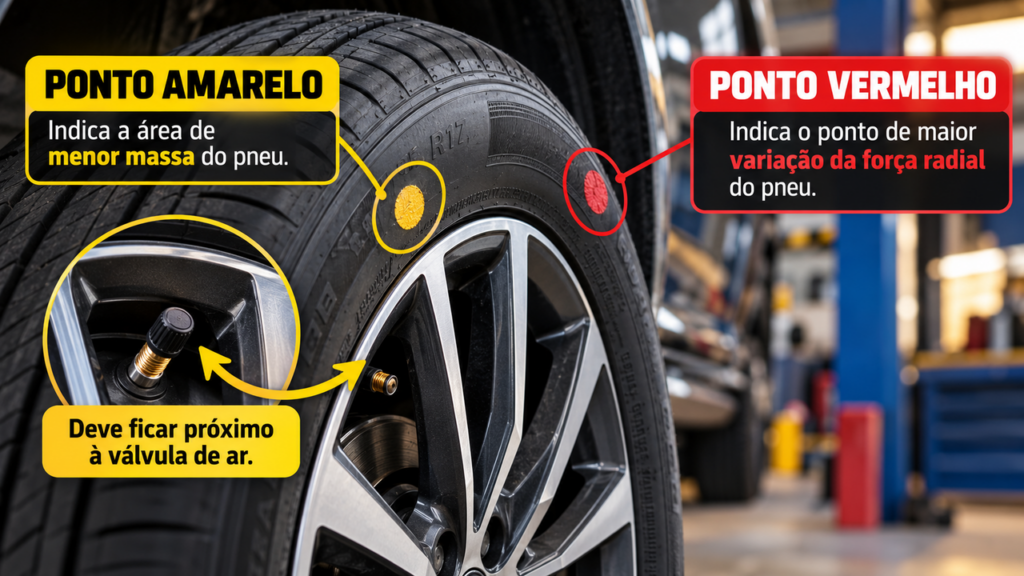 Antes de trocar os pneus do carro, conheça o significado dos pontos amarelos e vermelhos na borracha e descubra por que esse detalhe costuma passar despercebido até por muitos motoristas
