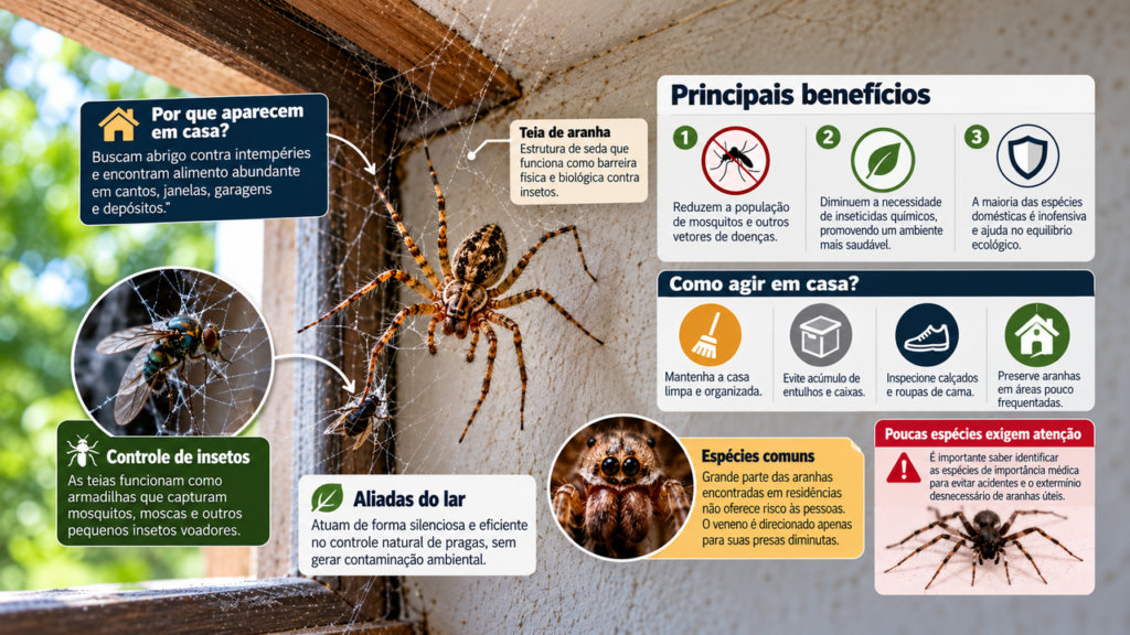 Muita gente destrói as teias de aranha que aparecem nos cantos da casa por medo ou repulsa, mas poucos sabem que algumas espécies capturam moscas, mosquitos e outros insetos que circulam diariamente pelo ambiente