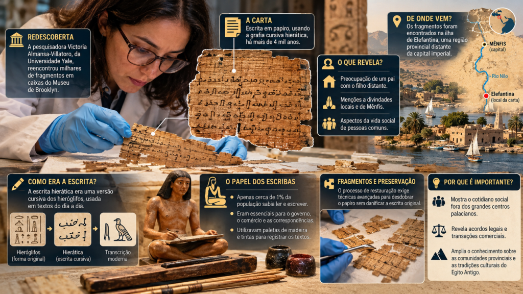 Carta egípcia de mais de 2 mil anos revela a preocupação de um pai com o filho distante, e a tradução trouxe à tona detalhes da vida familiar preservados desde a Antiguidade