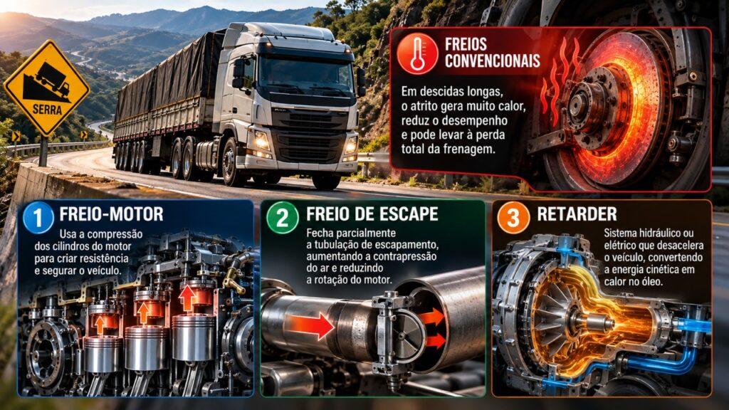 Por que caminhões usam freios auxiliares em descidas longas e como esses sistemas ajudam a controlar toneladas sem depender apenas dos freios convencionais
