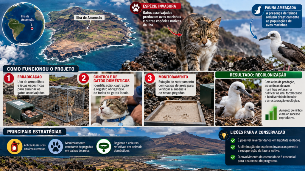 Em 1905, alguns gatos foram levados para uma ilha remota, mas eles se reproduziram e passaram a ameaçar aves nativas, criando um problema ambiental que exigiu décadas de estudos e medidas de controle