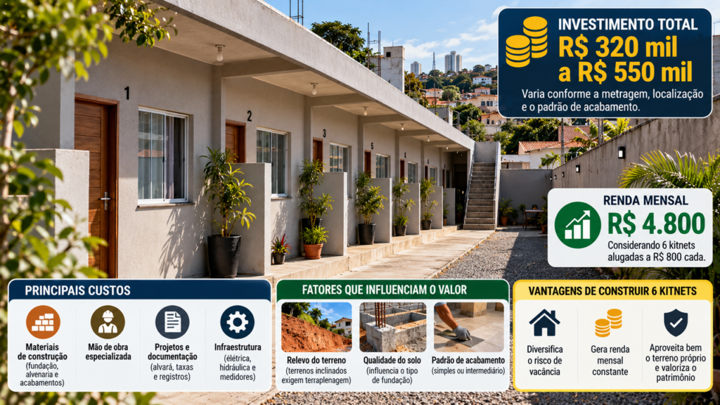 Quanto custa construir 6 kitnets no próprio terreno para alugar por R$ 800 cada e receber R$ 4.800 por mês com imóveis que podem gerar renda por muitos anos