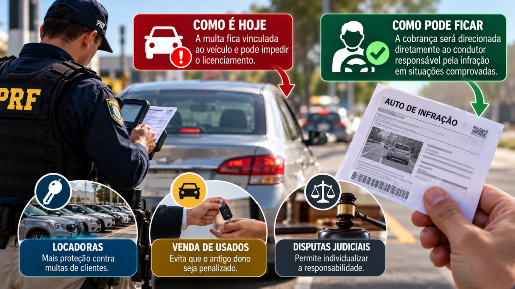 Projeto de lei quer mudar as regras das multas de trânsito e permitir a cobrança direta do verdadeiro infrator, protegendo donos de carros contra penalidades causadas por outras pessoas