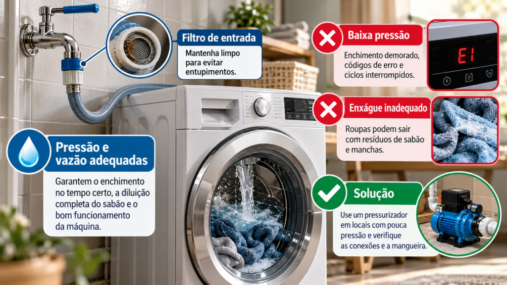 Morador instala uma máquina de lavar roupas na lavanderia para facilitar a rotina doméstica e descobre a pressão mínima da água necessária para abastecer o equipamento corretamente durante os ciclos de lavagem