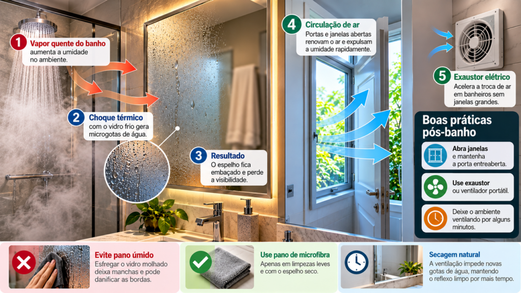 Adeus espelho sempre embaçado no banheiro: a técnica simples de circulação de ar após o banho quente para diminuir o excesso de vapor no ambiente