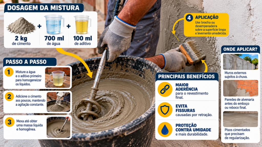 Profissionais de construção revelam mistura com 2 kg de cimento, 700 ml de água e 100 ml de aditivo para preparar superfícies e melhorar a resistência do acabamento