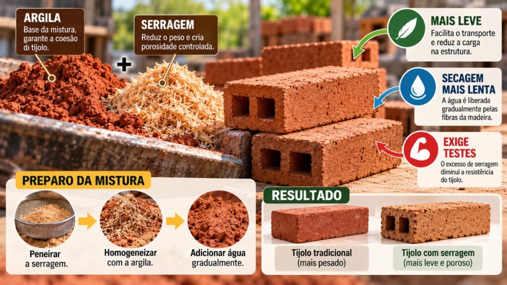 Misturar serragem ao barro pode produzir tijolos mais leves, mas a proporção dos materiais influencia a resistência e o comportamento durante a secagem