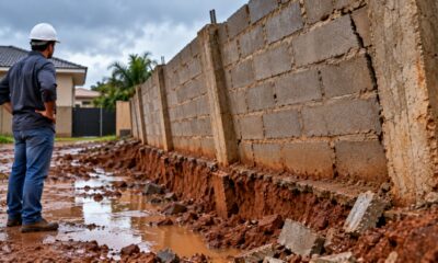 Homem manda construir muro de 28 metros para proteger sua propriedade, mas só descobre o problema depois da primeira chuva, quando percebe que a estrutura foi erguida inclinada para o terreno do vizinho