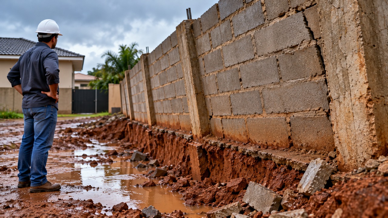 Homem manda construir muro de 28 metros para proteger sua propriedade, mas só descobre o problema depois da primeira chuva, quando percebe que a estrutura foi erguida inclinada para o terreno do vizinho