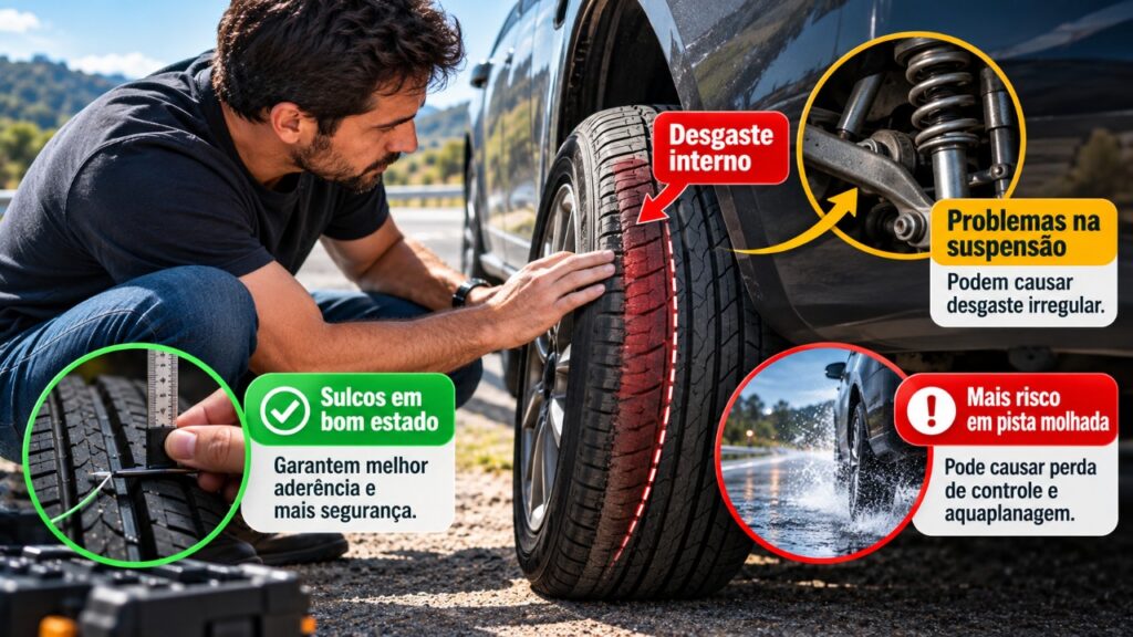 O pneu que parece estar em boas condições, mas pode esconder um desgaste interno capaz de comprometer a estabilidade do carro durante uma viagem