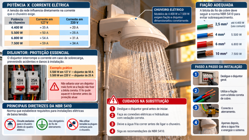 Morador troca o chuveiro antigo por um modelo mais potente para ter banhos quentes mesmo nos dias frios e descobre qual potência em watts a instalação elétrica precisa suportar para evitar sobrecargas perigosas