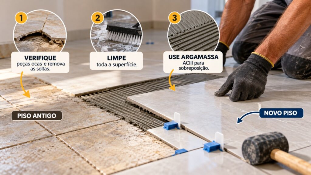 Pedreiro ensina como renovar um piso antigo sem retirar todas as peças e explica os cuidados com a preparação da superfície, o nivelamento e a aderência para evitar que o revestimento novo comece a soltar depois da reforma