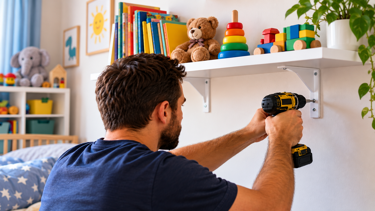 Pai fixa prateleira de brinquedos na parede de drywall e um pedreiro explica por que ela pode vir abaixo com o peso