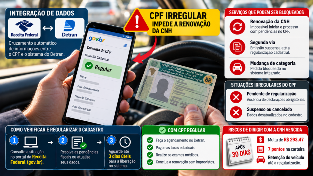 Pendência no CPF pode travar a renovação da CNH em 2026: motorista descobre o problema só no Detran e precisa regularizar antes de agendar o exame