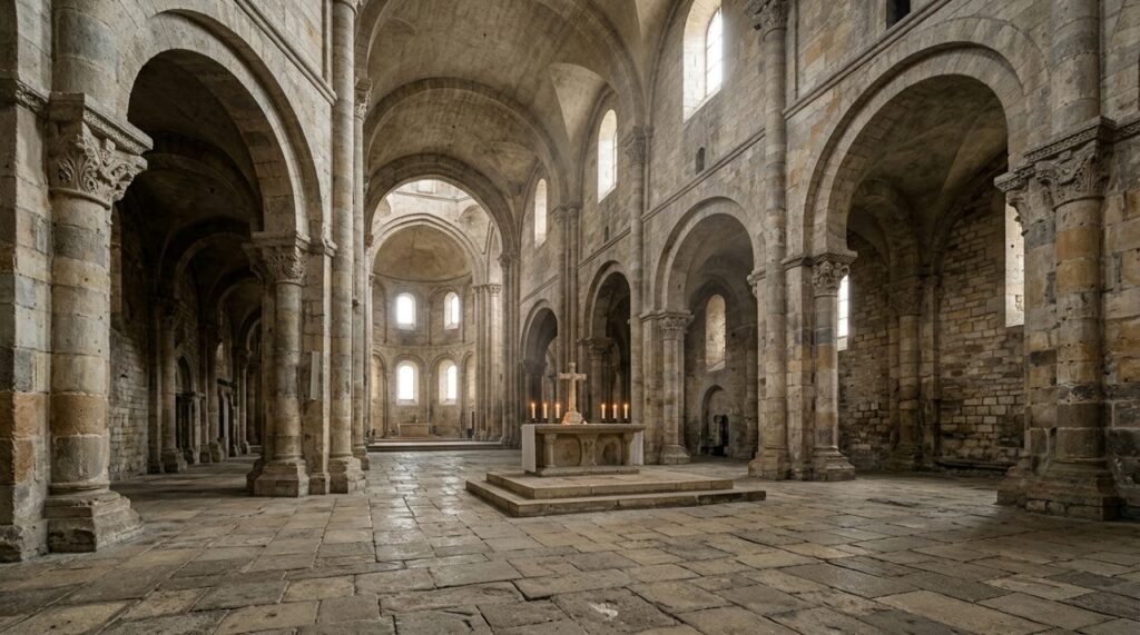 Reconstituição visual de um ambiente monástico medieval inspirado na Abadia de Cluny, com arcos de pedra e altar iluminado por velas, remetendo à origem do Dia de Finados. - Imagem ilustrativa criada por inteligência artificial