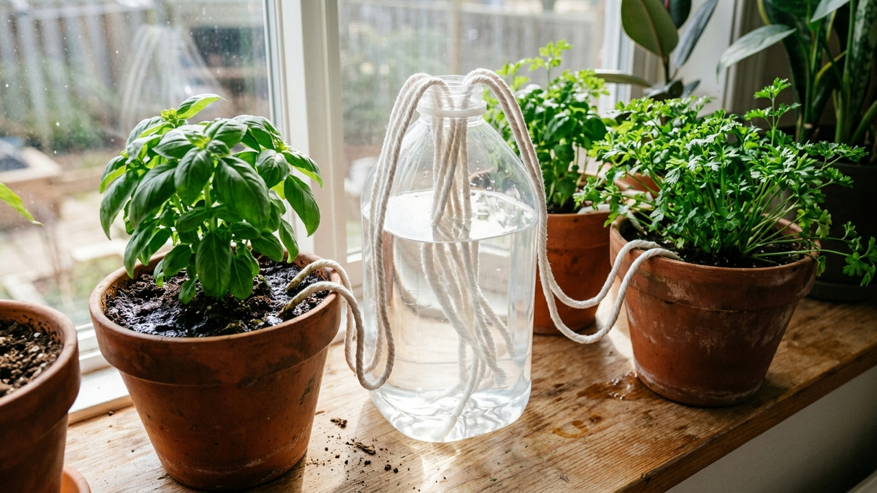 O truque do vaso autoirrigável feito com galão de água e barbante para manter a horta verde e regada durante as férias
