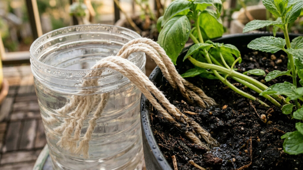 O truque do vaso autoirrigável feito com galão de água e barbante para manter a horta verde e regada durante as férias
