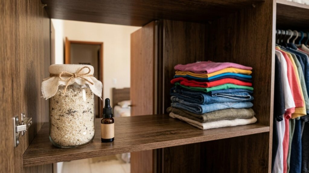 Colocar arroz cru com óleo essencial dentro do guarda-roupa: para que serve o truque e por que a mistura pode ajudar a manter o espaço cheiroso por mais tempo