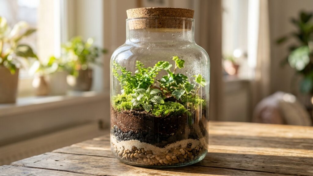 A técnica do minijardim fechado em pote de vidro que cria um ecossistema autossuficiente e sobrevive meses sem precisar de rega