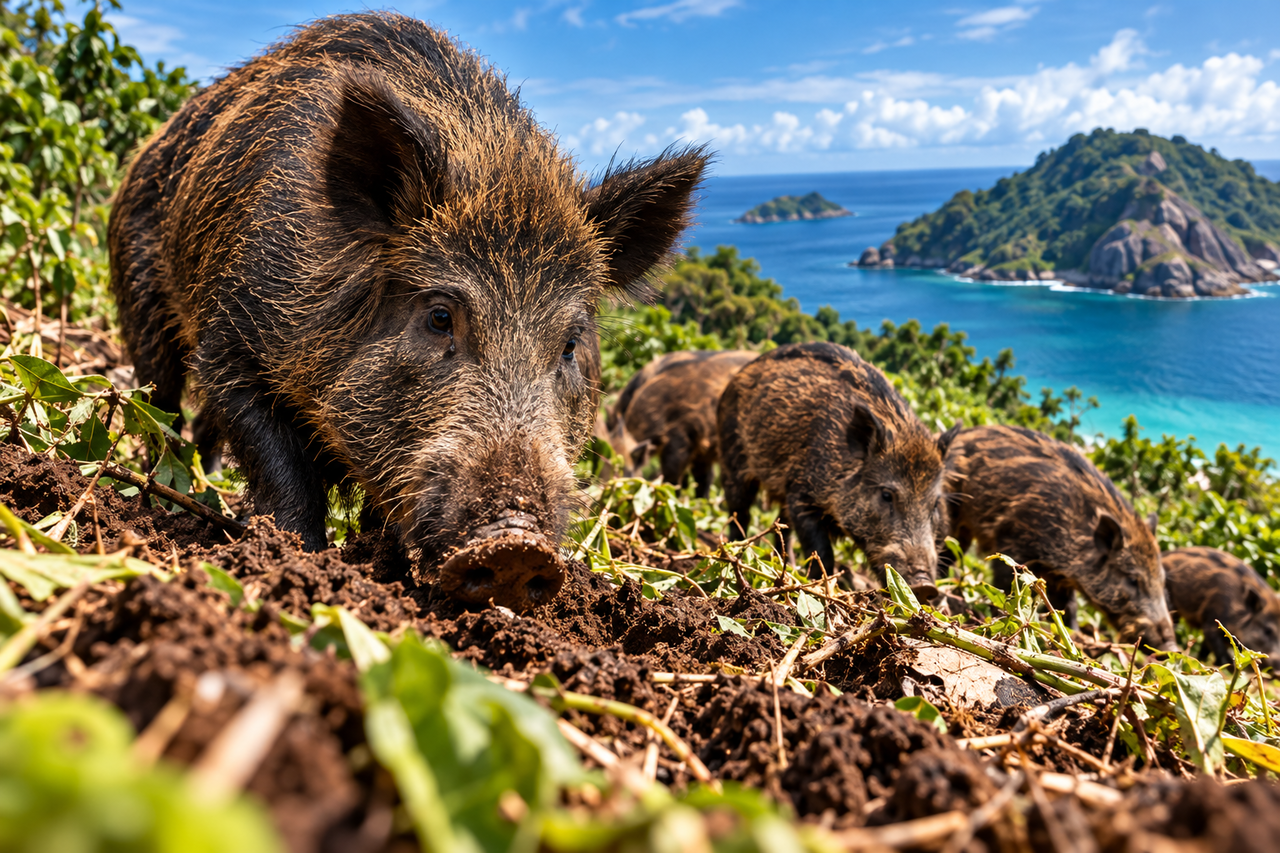 Uma ilha desabitada recebeu porcos que acabaram se reproduzindo por gerações e deram origem a uma população selvagem que despertou o alerta de pesquisadores sobre os impactos no equilíbrio da natureza