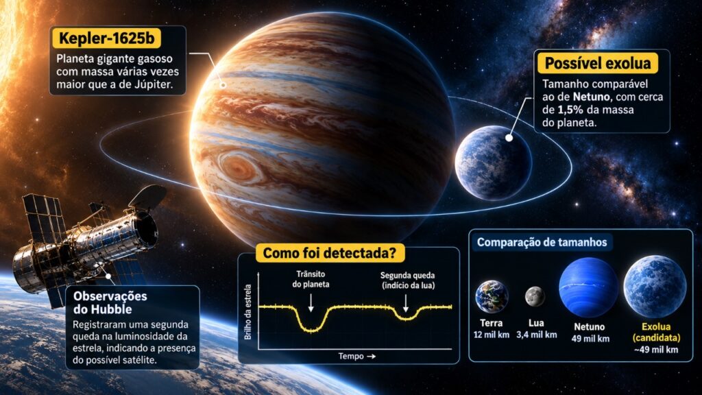 Astrônomos encontram indícios de uma lua gigante fora do Sistema Solar, com tamanho semelhante ao de Netuno, e observações do Hubble levantam questões sobre sua origem