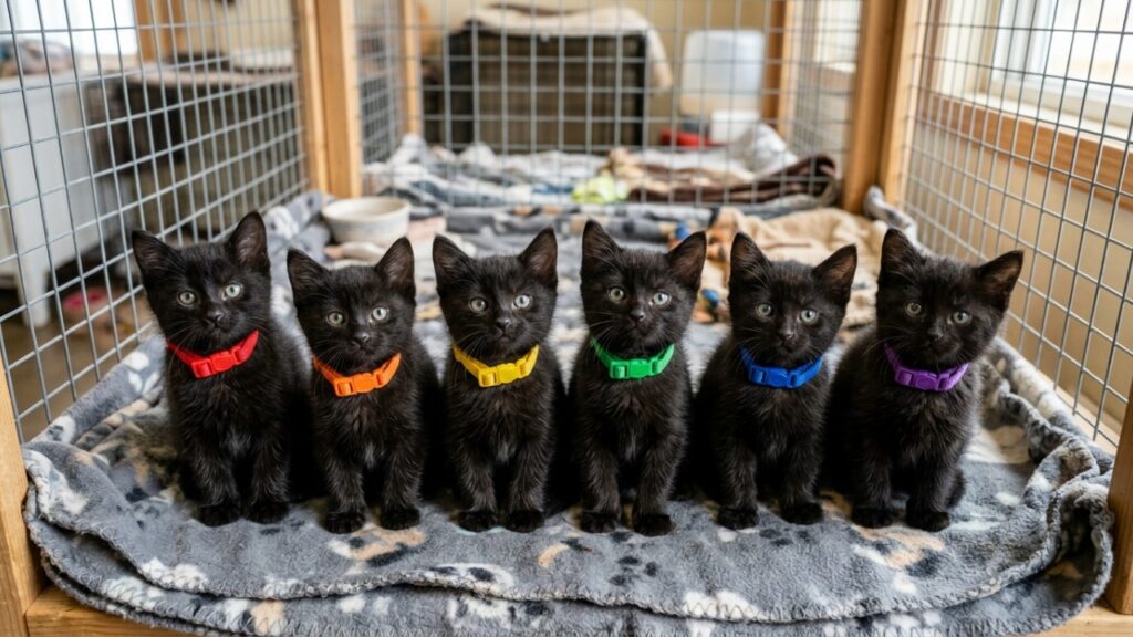 Seis gatinhos pretos, quase idênticos, foram encontrados em uma casa ao lado de um irmão laranja, e distinguir cada um virou um desafio tão fofo quanto curioso