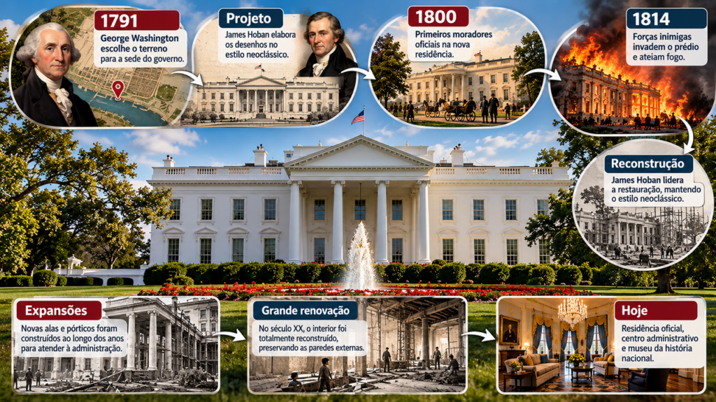 Construída no século XVII, a Casa Branca atravessou guerras, incêndios e mudanças na política norte-americana, passou por reconstruções e reformas estruturais e continua em Washington como um dos edifícios governamentais mais conhecidos do mundo, com salões históricos e uma arquitetura que se tornou símbolo da presidência dos Estados Unidos