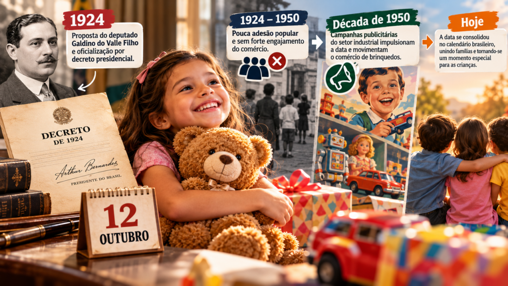 Em 1924 um decreto criou o Dia das Crianças no Brasil, mas a data só pegou 30 anos depois, graças a uma campanha de fábrica de brinquedos