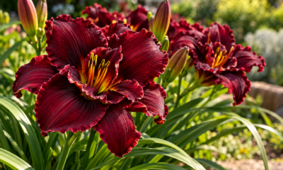 Não é margarida nem girassol: esta flor ornamental tem pétalas sobrepostas em tons de vinho e roxo, formando um desenho marcante que cria um contraste sofisticado entre o verde das folhas e as cores do jardim