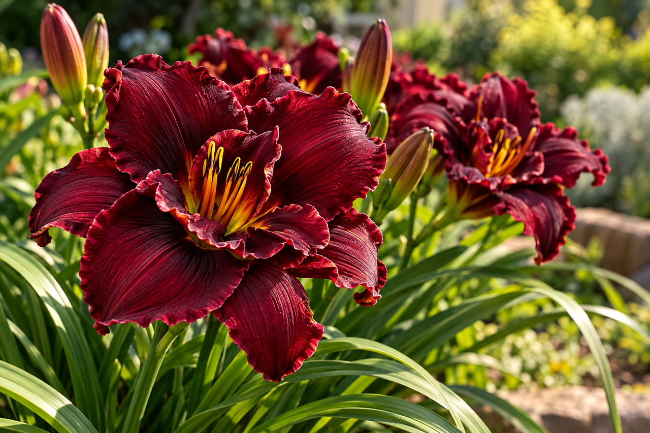 Não é margarida nem girassol: esta flor ornamental tem pétalas sobrepostas em tons de vinho e roxo, formando um desenho marcante que cria um contraste sofisticado entre o verde das folhas e as cores do jardim