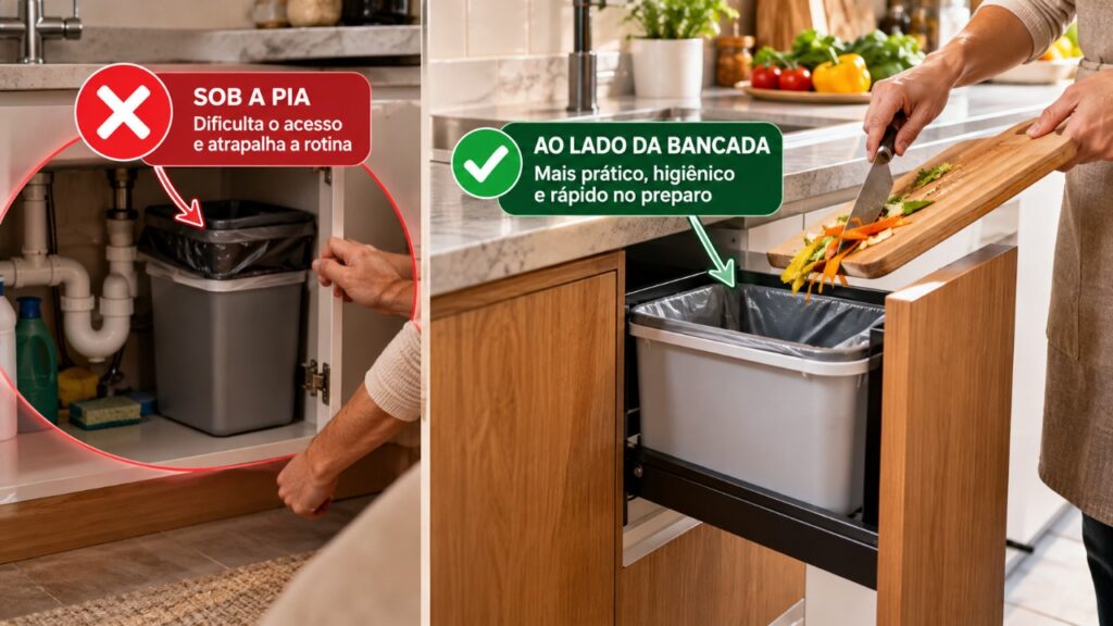 Especialistas em organização mostram por que colocar a lixeira embaixo da pia pode atrapalhar o preparo das refeições e qual alternativa deixa a cozinha mais prática no dia a dia