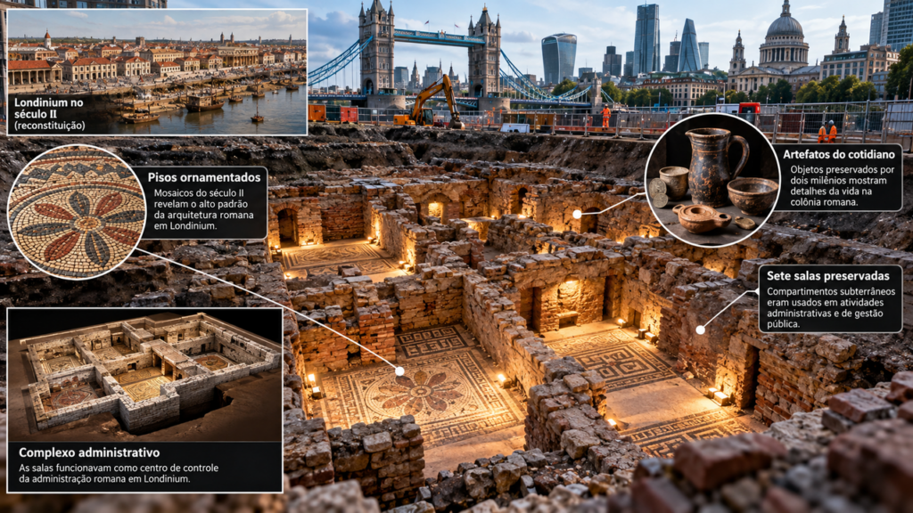 Uma obra em Londres revelou sete salas escondidas por quase 2.000 anos, com pisos ornamentados e objetos do século II que podem estar ligados à administração romana