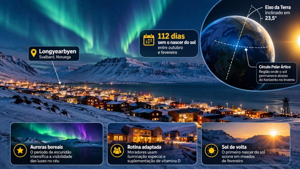 Cidade no Ártico ficará 112 dias sem ver o sol: entenda o fenômeno natural que transforma o inverno em uma longa noite e muda a rotina dos moradores