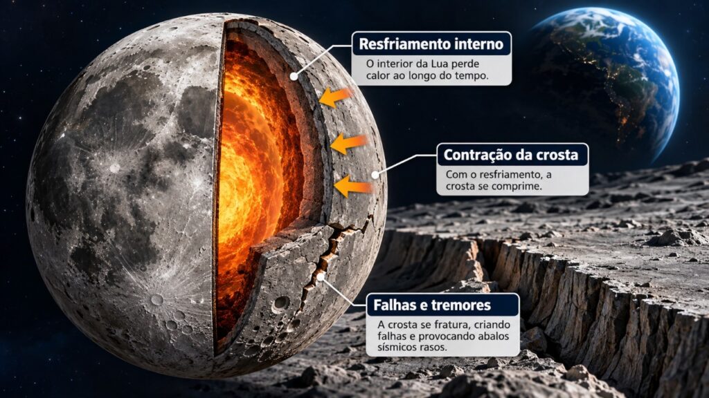 O interior da Lua está esfriando, sua superfície está se contraindo e registros de terremotos revelam um fenômeno que pode afetar futuras missões espaciais