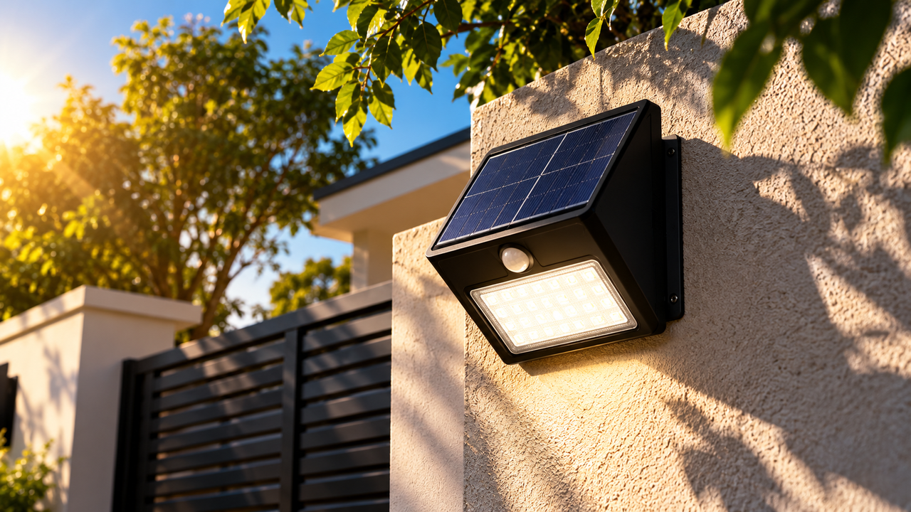Proprietário coloca uma luminária solar no muro para aumentar a visibilidade da entrada e descobre por que a sombra de árvores e telhados pode reduzir o funcionamento do equipamento durante a noite