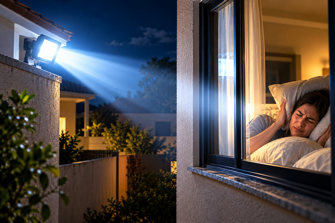 Vizinho instala refletores potentes para iluminar a garagem, mas a luz atravessa as cortinas dos quartos da família durante toda a madrugada e transforma uma simples escolha de iluminação em um conflito entre moradores