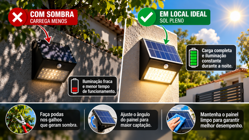 Proprietário coloca uma luminária solar no muro para aumentar a visibilidade da entrada e descobre por que a sombra de árvores e telhados pode reduzir o funcionamento do equipamento durante a noite
