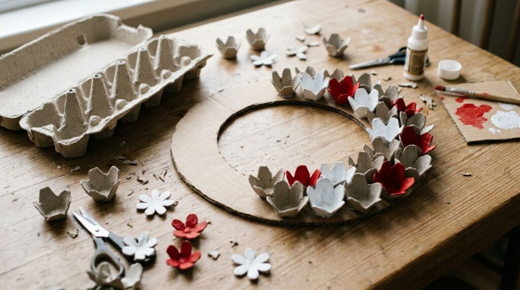 Mulher guardou caixas de ovos que iriam para o lixo, recortou pequenas flores e criou uma guirlanda de Natal delicada gastando quase nada