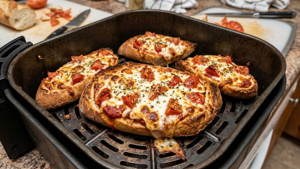 Nem pizzaria nem delivery: essa pizza de pão francês na air fryer fica com queijo borbulhando, bordas crocantes e recheio saboroso, sendo perfeita para aproveitar o que já tem na geladeira